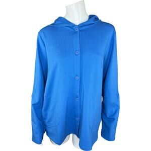 Denim & Co. Beach French Terry‎ Roll Tab Sleeve Hooded Jacket Indigo Sea Medium